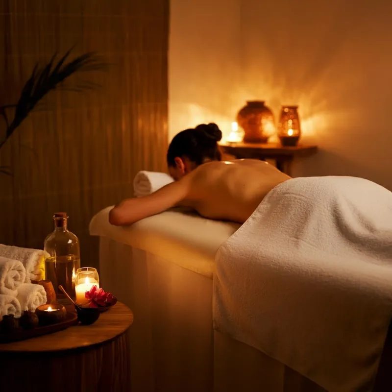 Candlelit spa massage room with fresh towels and aromatic essentials at ZOYA Daynight Out Spa
